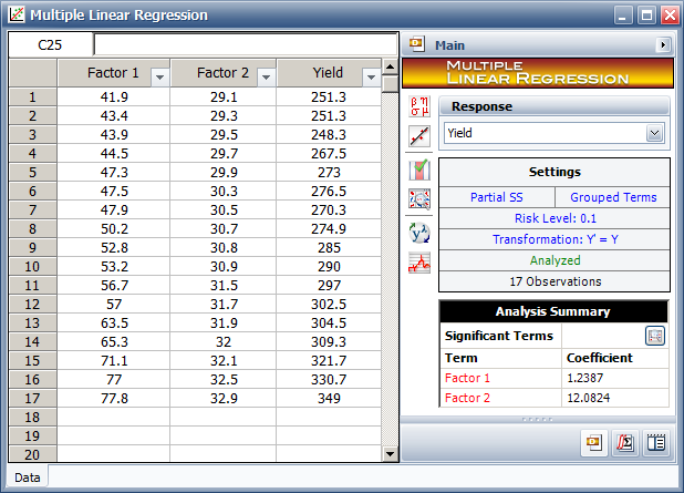 Multiple Regression tool in DOE++ with the data in the table.