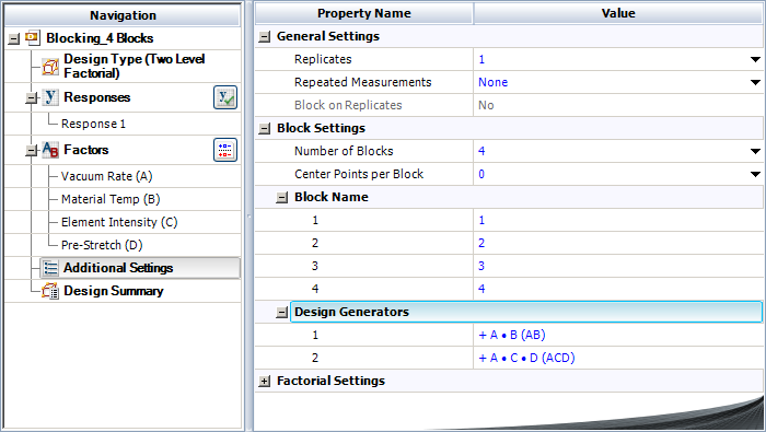 Specifying the interactions AC and BD as block generators for the example.