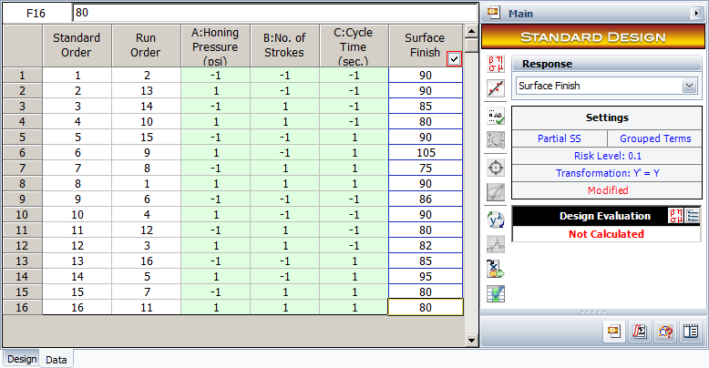 Experiment design for the example to investigate the surface finish of automobile brake drums.