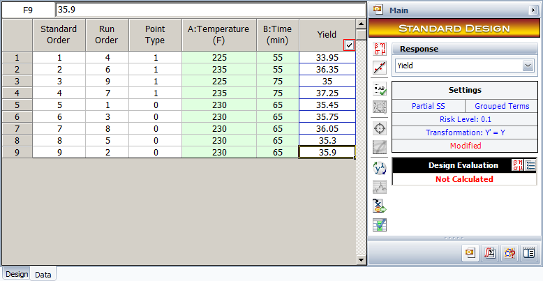 The [math]\displaystyle{ 2^{2}\,\! }[/math] experiment design in to explore the current operating conditions.