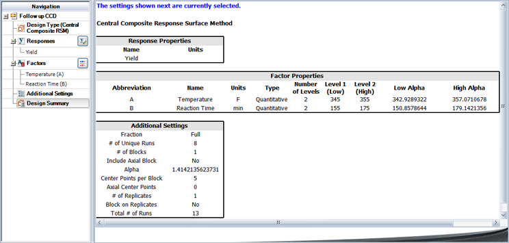 Properties for the central composite design in the example.