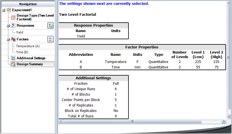 Design properties for the [math]\displaystyle{ 2^{2}\,\! }[/math] design to explore the current operating conditions.