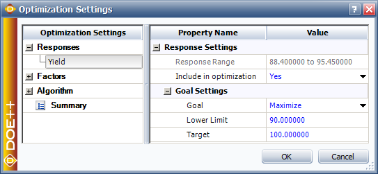 Settings to obtain the maximum value of the response in the example.