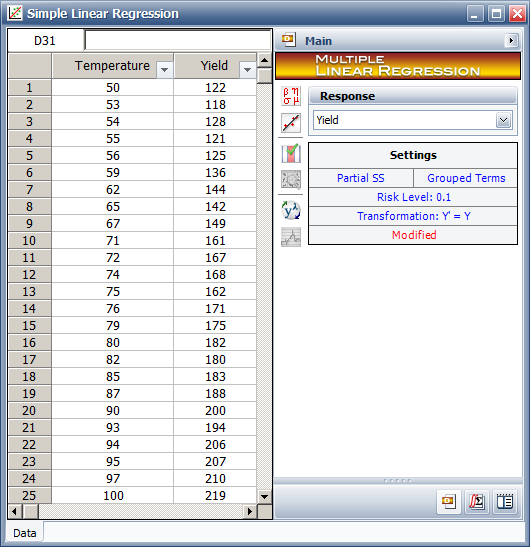 Data entry in DOE++ for the observations.