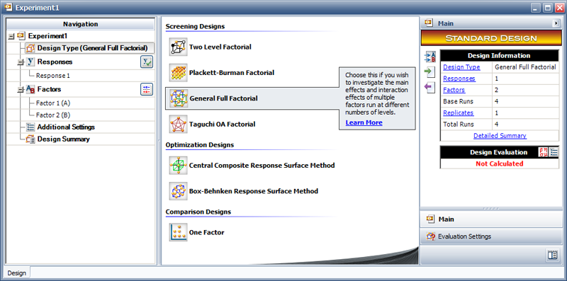 Factorial experiments available in DOE++.