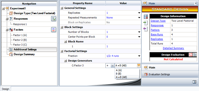 Specifying the defining relation for the [math]\displaystyle{ 2^{3-1}\,\! }[/math] design.