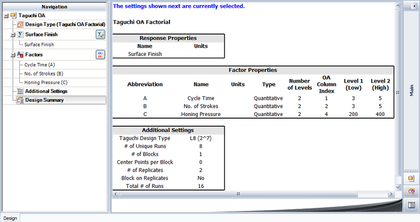 Factor properties for the experiment in the example.