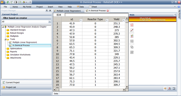 Data from the table above as entered in DOE++.