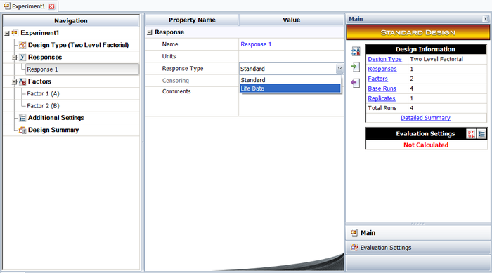 Design properties for the experiment in the example.