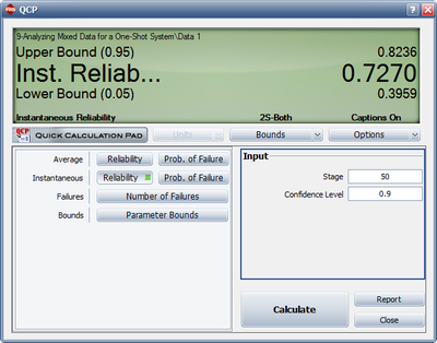 Instantaneous reliability with 2-sided 90% confidence bounds.