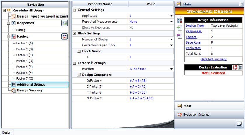 Design properties for the experiment in the example.