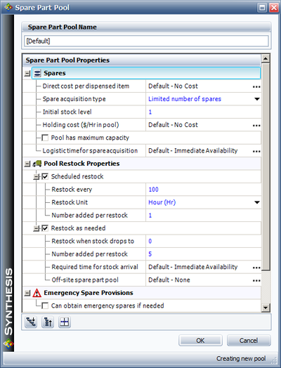 The restock properties defined in BlockSim's Spare Part Pool Properties window.