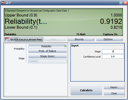 Calculate the reliability at the end of the ninth stage with 90% confidence bounds.