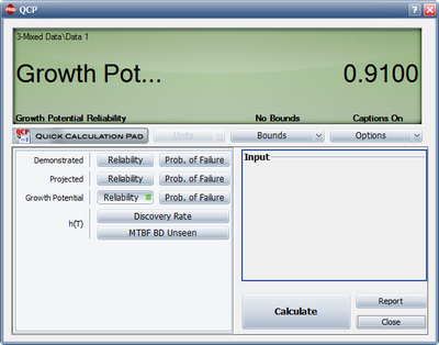 Calculating the gowth potential reliaibility for Crow Extended mixed data using the QCP.