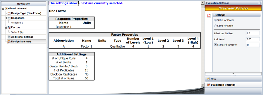 Design evaluation settings.