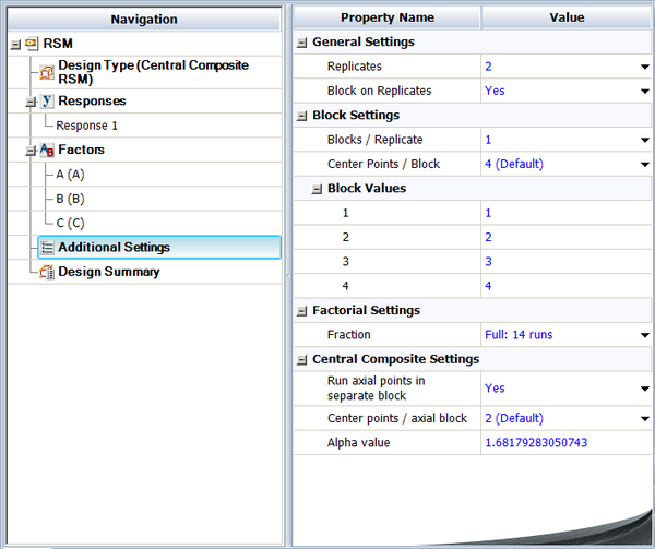 Settings for creating the RSM design