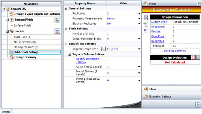 Design properties for the experiment in the example.