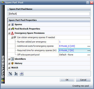 The emergency restock properties defined in BlockSim's Spare Part Pool Properties window.