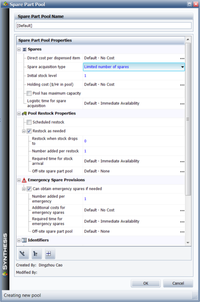 BlockSim's Spare Part Pool Properties window.