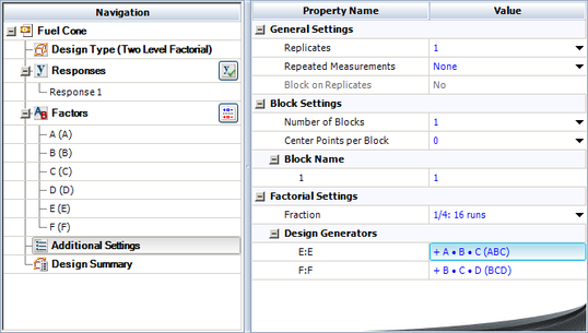 Design properties for the experiment in the example.